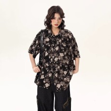 批发休闲自制夏季日系复古宽松<b class='q'>男</b>女生设计感花卉满印休闲短袖<b class='q'>衬衫</b>上衣
