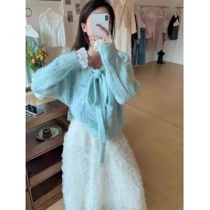 批发蕾丝拼接假两件系带蝴蝶结蓝色<b class='q'>毛衣</b>女秋冬高级感针织韩系穿搭