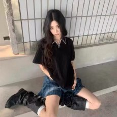 批发气质简约慵懒<b class='q'>潮</b>流ins新款美式复古麦穗纹针织短袖T恤男女宽松休闲