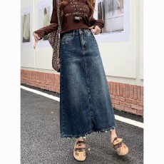 批发复古毛边牛仔裙女春夏新款大码胖妹妹高腰A字显瘦梨形身材半身裙
