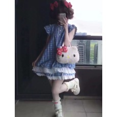 批发法式复古蓝格子小飞袖连衣<b class='q'>裙</b>女夏季小个子收腰显瘦花苞蛋糕短<b class='q'>裙</b>子