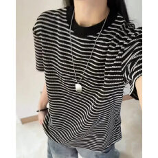 批发韩版潮宝独特撞色条纹短袖T恤女夏季新款宽松休闲别致时尚<b class='q'>打底衫</b>