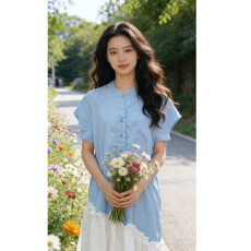 批发设计感撞色拼接衬衫连衣<b class='q'>裙</b>女夏季新款韩版宽松显瘦不规则拼接长<b class='q'>裙</b>