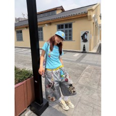 批发休闲裤十八3D打印阔腿七分牛仔裤夏季设计感直筒中裤宽松<b class='q'>短裤</b><b class='q'>男</b>女