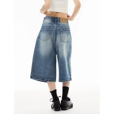 批发复古设计感<b class='q'>高腰</b>水洗七分牛仔裤女夏季新款松弛显瘦阔腿裤潮
