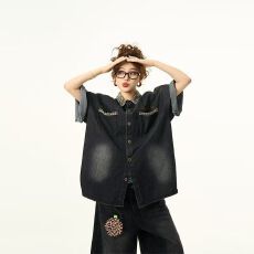 批发复古水洗牛仔<b class='q'>衬衫</b>短袖男女美式宽松设计感豹纹拼接<b class='q'>衬衣</b>外穿五分袖