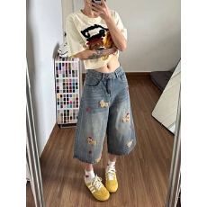 批发美式童趣小狗卡通刺绣七分牛仔裤女夏季<b class='q'>高腰</b>显瘦宽松直筒阔腿短裤