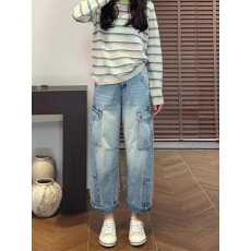 批发美式复古工装直筒牛仔裤女夏季新款小个子宽松<b class='q'>高腰</b>显瘦阔腿九分裤