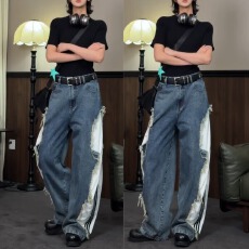 批发美式复古水洗解构弯刀<b class='q'>牛仔裤</b><b class='q'>女</b>设计感三条杠条纹拼接显瘦阔腿裤子