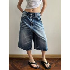 批发复古设计感高腰水洗七分<b class='q'>牛仔裤</b>男<b class='q'>女</b>夏季新款松弛显瘦阔腿裤<b class='q'>潮</b>