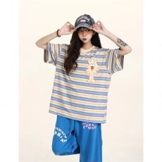 批发2026新款索罗娜<b class='q'>印花</b>刺绣慵懒上衣男女夏季条纹百搭宽松短袖<b class='q'>t</b><b class='q'>恤</b>