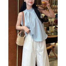 批发法式甜美背心女装夏季外穿小众蓝色衬衫气质挂脖吊带宽松无袖上衣