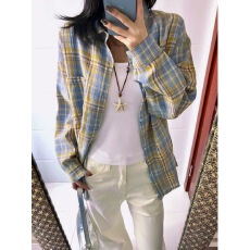 批发美式复古黄蓝色格子长袖衬衫女春秋夏季宽松休闲中性bm衬衣<b class='q'>外套</b>