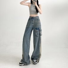 批发高街美式工装牛仔裤女春秋季2024<b class='q'>新款</b>复古设计感宽松直筒阔腿裤子