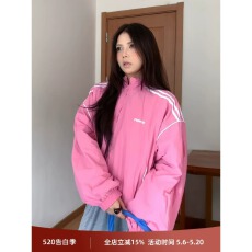 批发粉色上上签情侣款美式<b class='q'>夹克</b>衫防风春秋短外套<b class='q'>运动</b>印花上衣女男外套
