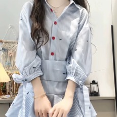 批发2025新款学院风miu系蓝色<b class='q'>衬衫</b>连衣裙子女春夏季气质收腰百褶短裙