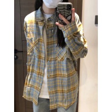 批发美式复古黄蓝色格子长袖衬衫女<b class='q'>春</b>秋夏季宽松休闲中性bm衬衣外套