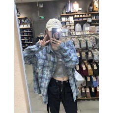 批发蓝色格子防晒衬衫外套早<b class='q'>春</b>女POLO领开衫衬衣小众上衣外穿2025新款