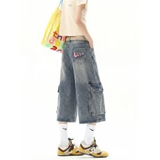 批发美式水洗复半松紧古卡通刺绣<b class='q'>牛仔裤</b>女宽松直筒显瘦垂感阔腿七分裤