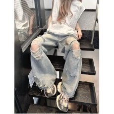 批发高腰破洞<b class='q'>牛仔裤</b>女春秋季新款ins潮大码胖妹妹mm宽松老爹萝卜裤子