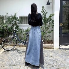 批发复古撞色拼接牛仔中长裙女2024年<b class='q'>春</b>夏新款高腰设计感小众A字裙潮
