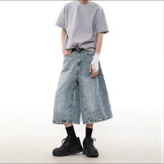 批发水洗蓝闪电纹美式<b class='q'>七分裤</b><b class='q'>男</b>女宽松阔腿牛仔<b class='q'>短裤</b>直筒中裤子