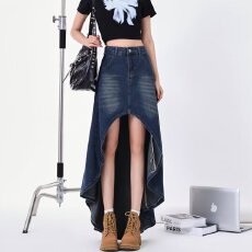 批发<b class='q'>春</b>秋蚂蚁新款不规则设计感辣妹牛仔裙女夏复古宽松显瘦荷叶边长裙
