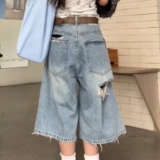 批发美式生诚破洞水洗牛仔<b class='q'>七分裤</b><b class='q'>男</b>女高街宽松休闲<b class='q'>短裤</b>百搭直筒阔腿裤