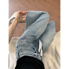 批发浅色KNKP<b class='q'>烫钻</b>牛仔七分裤女夏季大码胖mm宽松显瘦梨形身材阔腿裤