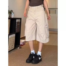 批发美式新概褶皱多口袋<b class='q'>七分裤</b><b class='q'>男</b>女夏季宽松休闲阔腿工装裤牛仔<b class='q'>短裤</b>潮