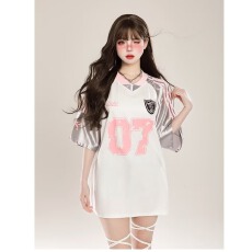 批发美式复古插肩拼接印花短袖<b class='q'>t</b><b class='q'>恤</b>女夏季休闲运动风上衣宽松<b class='q'>V领</b>球衣潮