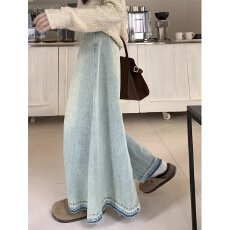 批发复古毛边牛仔半身裙女冬季小个子高腰显瘦<b class='q'>百搭</b>中长款a字大摆长裙