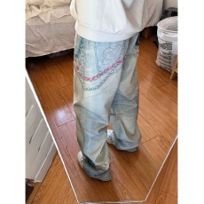 批发彩色爱心链条数码打印水洗<b class='q'>牛仔裤</b>设计感撞色口袋刺绣微喇<b class='q'>直筒</b>长裤