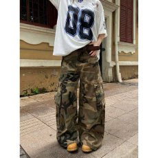 批发美式复古迷彩工装<b class='q'>牛仔裤</b>男<b class='q'>女</b>同款秋季宽松休闲百搭<b class='q'>直筒</b>阔腿弯刀裤