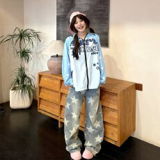 批发美式复古满印星星<b class='q'>牛仔裤</b><b class='q'>女</b>秋季新款设计感宽松<b class='q'>直筒</b>宽松阔腿裤子潮