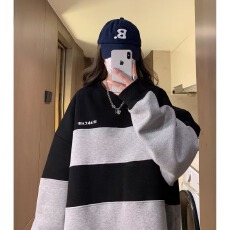 批发黑色圆领卫衣<b class='q'>外套</b>秋季2025新款女装<b class='q'>韩版</b>宽松条纹拼接套头休闲上衣