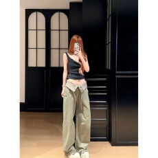 批发美式复古翻边抽绳休闲垂感工装裤<b class='q'>男</b>女宽松拼接直筒显瘦薄款<b class='q'>裤子</b>