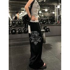 批发纯棉复合腰头拼接字母印花抽绳阔腿<b class='q'>休闲裤</b>男女爵士跳舞潮牌裤