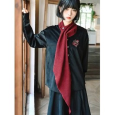批发复古高级感村衣不规则拼接<b class='q'>设计</b>感小众衬衫长袖拼接红围脖衬衫