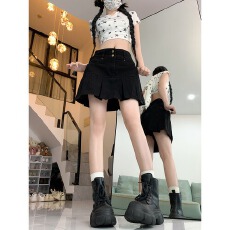 批发高腰牛仔短裙女夏季新款大码<b class='q'>胖</b>mm<b class='q'>显瘦</b>a字半身裙小个子黑色百褶裙