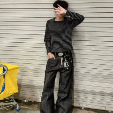 批发黑灰条纹圆领打底衫长袖男女早秋款美式复古慵懒风休闲百搭宽松T