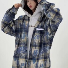 批发蓝色泼墨<b class='q'>格子衬衫</b><b class='q'>男</b>女同款2025春秋新款上衣设计感美式扎染外套潮