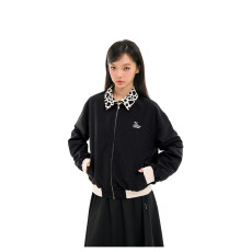 批发<b class='q'>日系</b>翻领拼接黑色<b class='q'>外套</b>女秋季新款复古高级感刺绣撞色短款夹克上衣