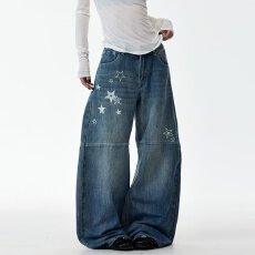 批发秋季美式星星<b class='q'>印花</b>解构水洗直筒牛仔裤男女宽松潮牌小众阔腿长裤