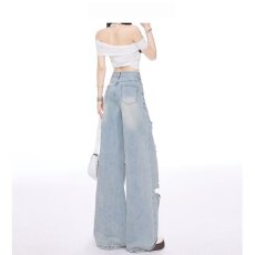 批发破洞佐依蕾丝阔腿牛仔<b class='q'>裤</b>女2026夏季新款设计感<b class='q'>显瘦</b>宽松直筒<b class='q'>裤</b>子