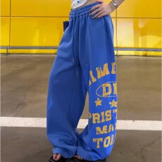 批发美式789字母印花运动休闲卫<b class='q'>裤</b>女秋新款垂感百搭阔腿<b class='q'>显瘦</b>拖地长<b class='q'>裤</b>