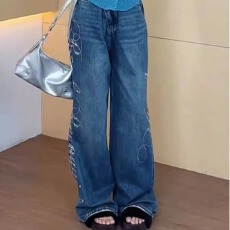 批发<b class='q'>春</b>秋浩威重工刺绣复古蓝牛仔阔腿裤女高腰休闲裤轻奢绣花直筒裤夏