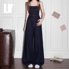 批发美式复古牛仔<b class='q'>背带裤</b><b class='q'>女</b>2026春季新款小众设计感宽松慵懒风阔腿长裤