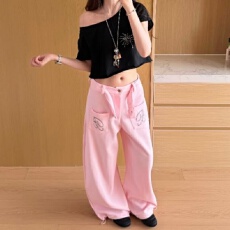 批发美式复古夏季2026年新款腰头刺绣字母印花阔腿女休闲百搭拖地卫<b class='q'>裤</b>