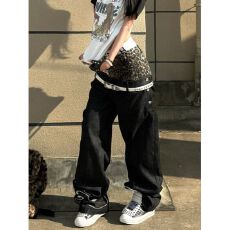批发大码美式复古豹纹斜双腰头音符牛仔裤男女轻亚街头宽松直筒长裤潮
